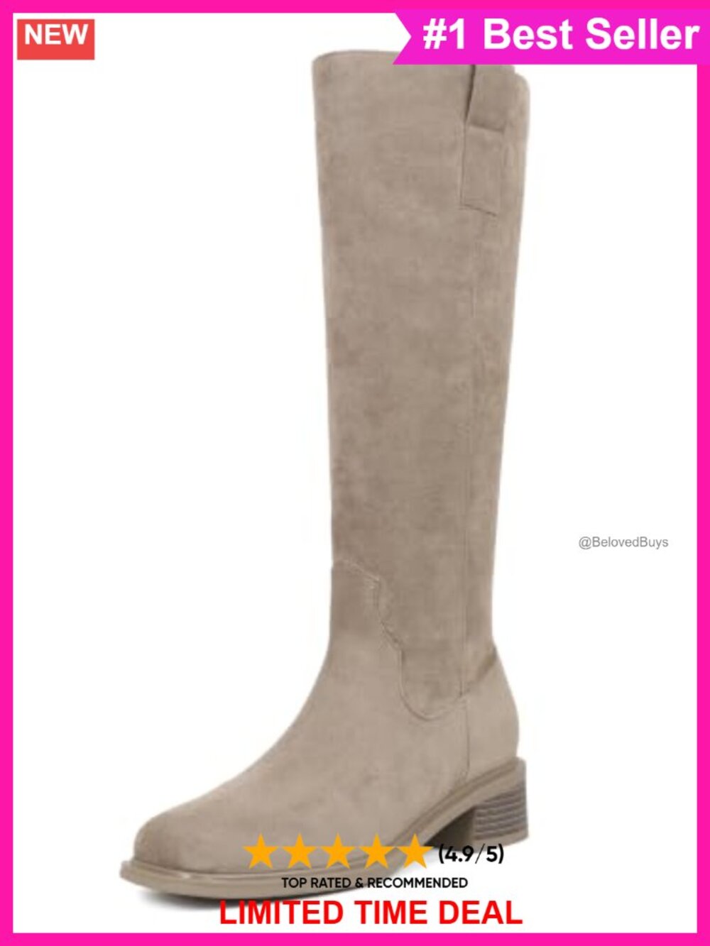 Women's Knee High Boots Square Toe Low Block Heel Faux Suede Side Zip